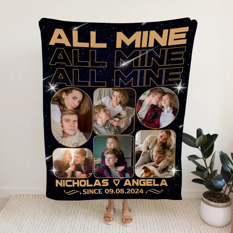 All Mine Photo Collage Blanket, Personalized Name And Year, Black With Multiple Couple Photos Gifts For Him Her Custom Fleece Sherpa Blanket, Gifts For Valentine Anniversary