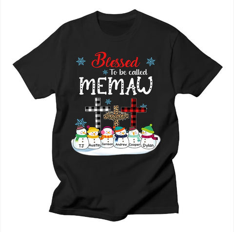 Personalized To My Nana Gifts For Grandma Blessed To Be Called Memaw Christ Cross Jesus With Snowmen T-Shirt Custom Names From Grandkids For Nana Birthday Christmas Customized Unisex Shirt