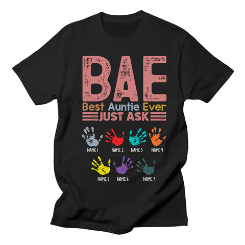 Personalized Shirt For Aunt Auntie Bae Titi Godmother From Niece Nephew Godchild Bae Auntie Ever Vintage Colorful Handprintscustom Name Gifts For Auntie B.a Short Sleeve Tops Tee Shirt