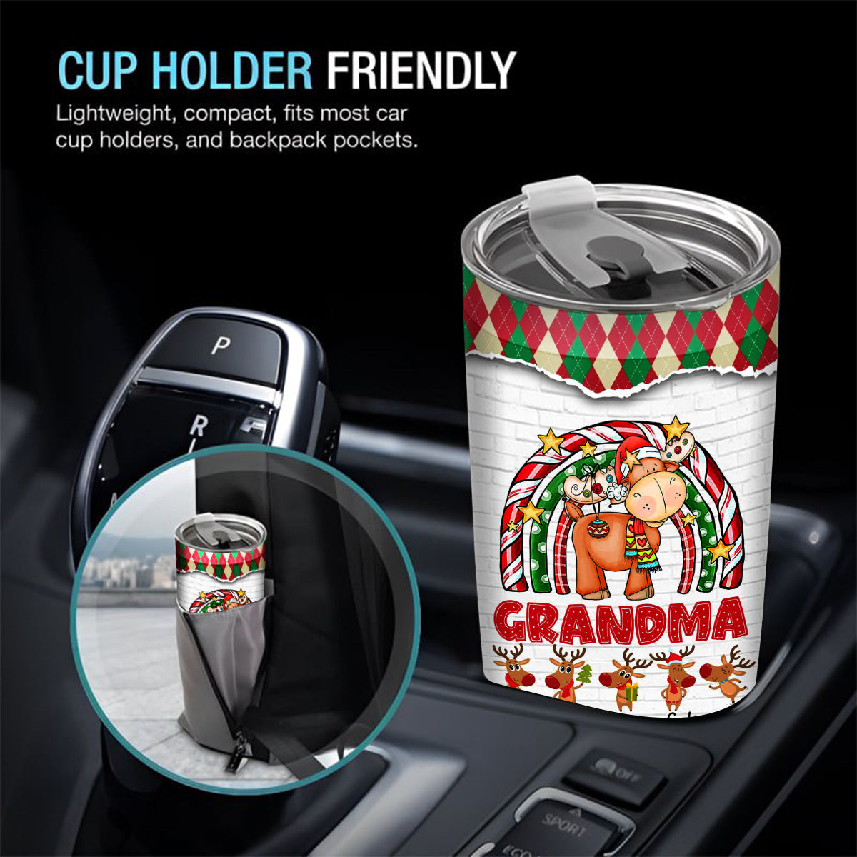 Cute Christmas Rainbow Tumbler, Grandma Custom Grandchildren Names Travel Cup, Winter Drinkware Cup, Rainbow Reindeer Family Names Travel Tumbler, Gifts For Nana From Grandkids, 20oz