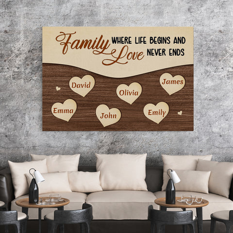 Gifts For Family, Family Together Life Begins Wooden Hearts, Personalized Canvas Wall Art, Gifts For Parents Family, Poster Prints Home Decor, Family Wall Decor, Gifts For Birthday