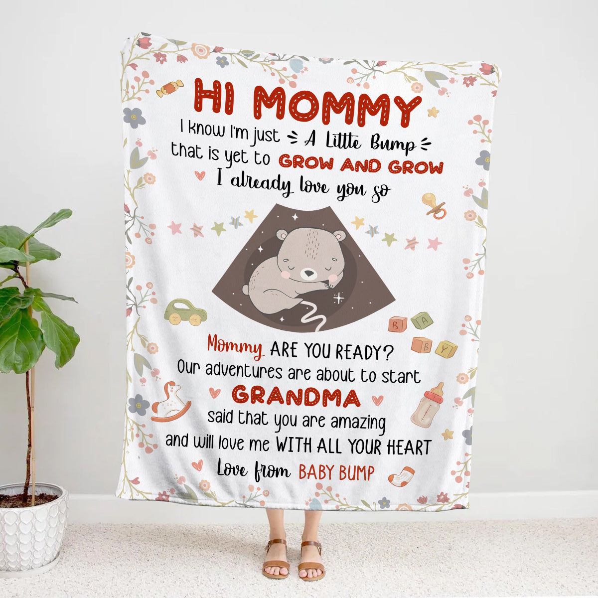 Mom To Be Gifts, I Already Love You Floral Cute Baby Bear Sleeping Ultrasound Mommy's Tummy Blanket For New Mom Mother's Day