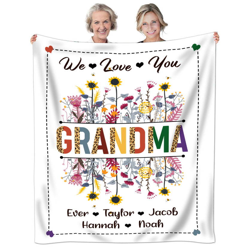 Grandma Blanket, Love You Message, Colorful Floral, Children Names At Bottom, Personalized Name, Personalized Blanket, Gifts For Nana From Grandkids, Custom Fleece Sherpa Blankets