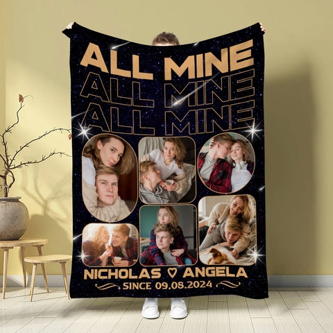 All Mine Photo Collage Blanket, Personalized Name And Year, Black With Multiple Couple Photos Gifts For Him Her Custom Fleece Sherpa Blanket, Gifts For Valentine Anniversary