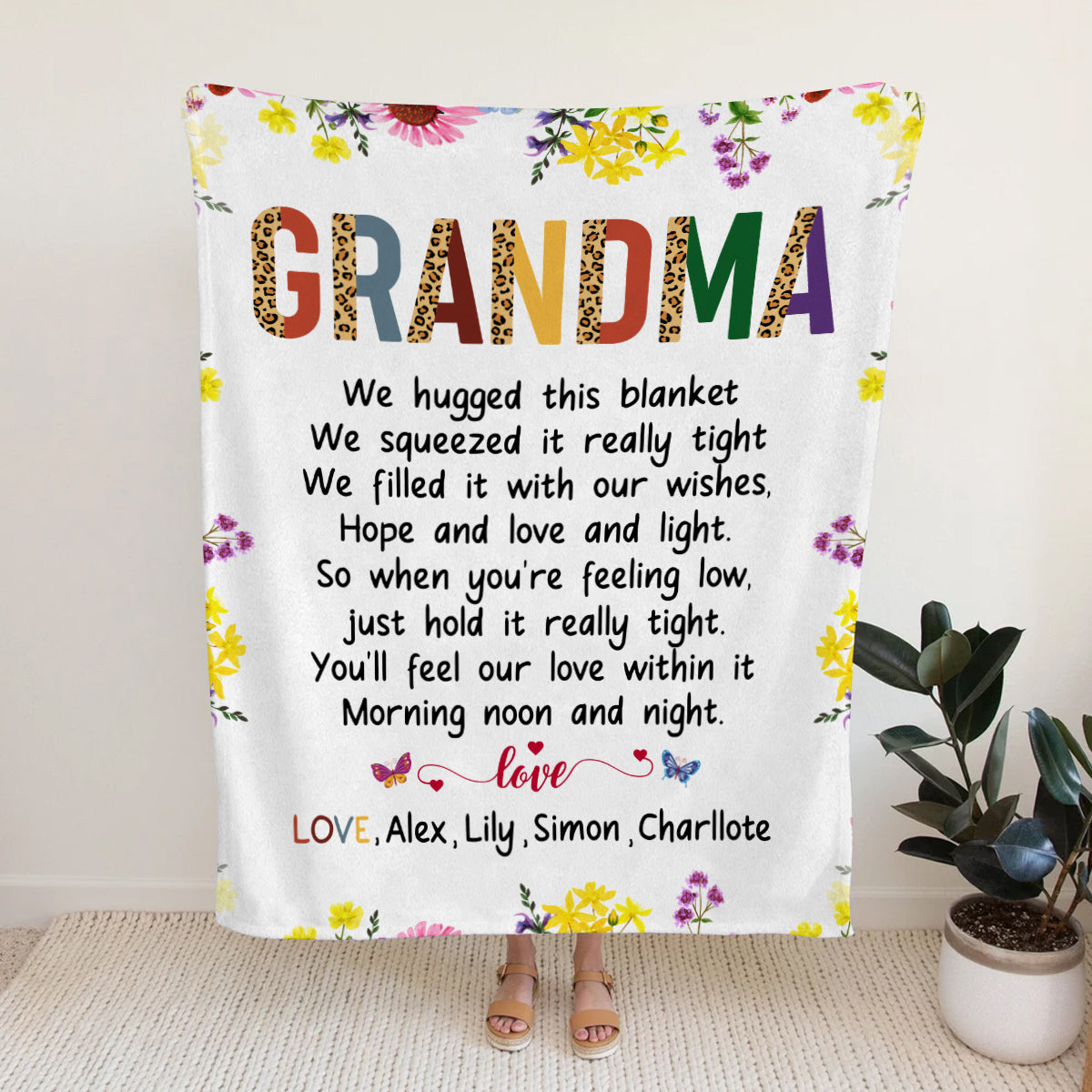 Grandma Family Blanket, Floral Frame Poem Message, Butterflies Accents, Comfort Theme, Personalized Name Option, Personalized Blanket, Gifts For Nana From Grandkids, Custom Fleece