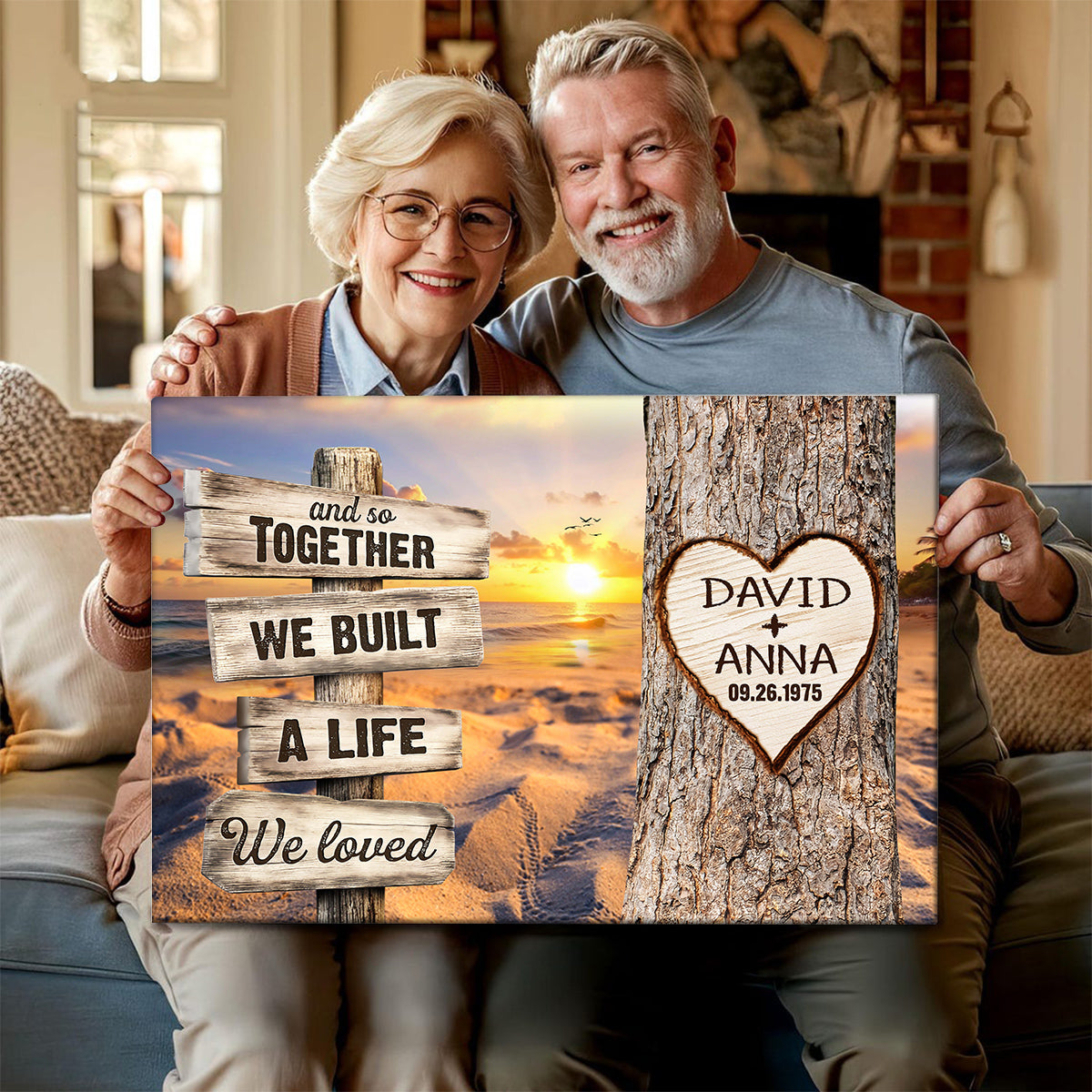 And So Together We Built A Life We Loved Rustic Wood Sign With Tree Heart & Sunset Beach Canvas Poster Gifts For Couple
