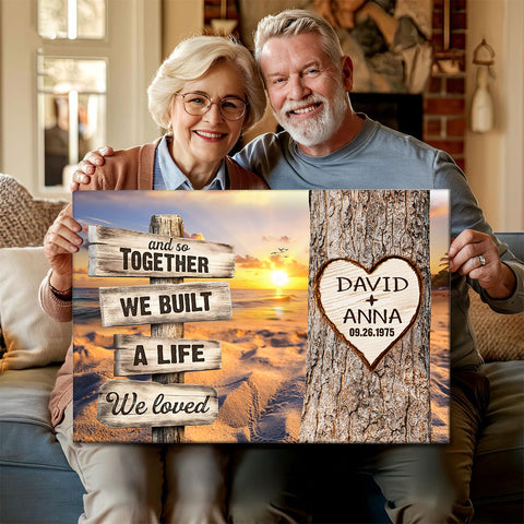 And So Together We Built A Life We Loved Rustic Wood Sign With Tree Heart & Sunset Beach Canvas Poster Gifts For Couple