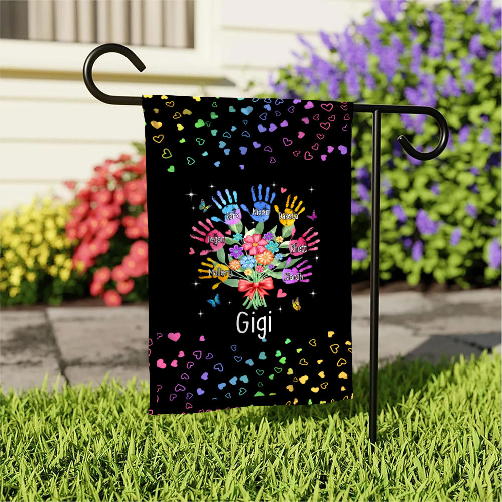 Personalized Grandkids Handprint Garden Flag, Custom Gigi Flower Bouquet Outdoor Banner, Rainbow Hearts Yard Lawn Decor,Grandchildren Names Yard Decor