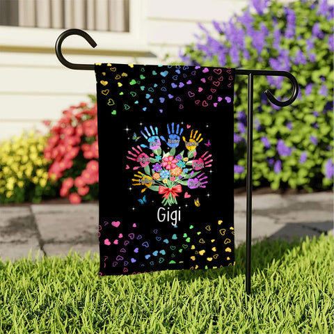 Personalized Grandkids Handprint Garden Flag, Custom Gigi Flower Bouquet Outdoor Banner, Rainbow Hearts Yard Lawn Decor,Grandchildren Names Yard Decor