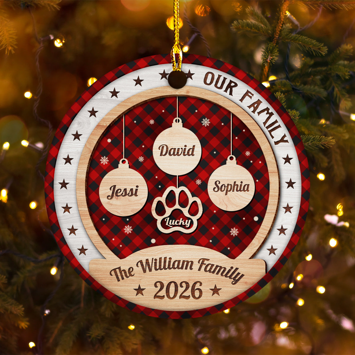 Personalized Ornament For Parents Grandparents Kids Grandkids Family Gifts Our Family Bauble Pawprint With Names Red Plaid Snowflake, Dog Lover Tree Decor Keepsake, Custom Names
