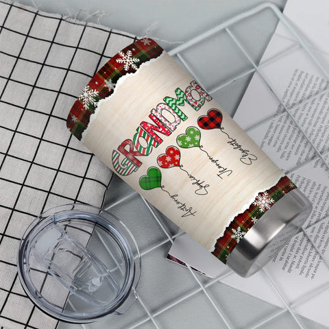 Grandma Christmas Heart Balloons Tumbler, Custom Grandkids Name Travel Cup, Festive Plaid Drinkware, Personalised Grandma Xmas Personalized Tumbler, Gifts For Nana Grandmother