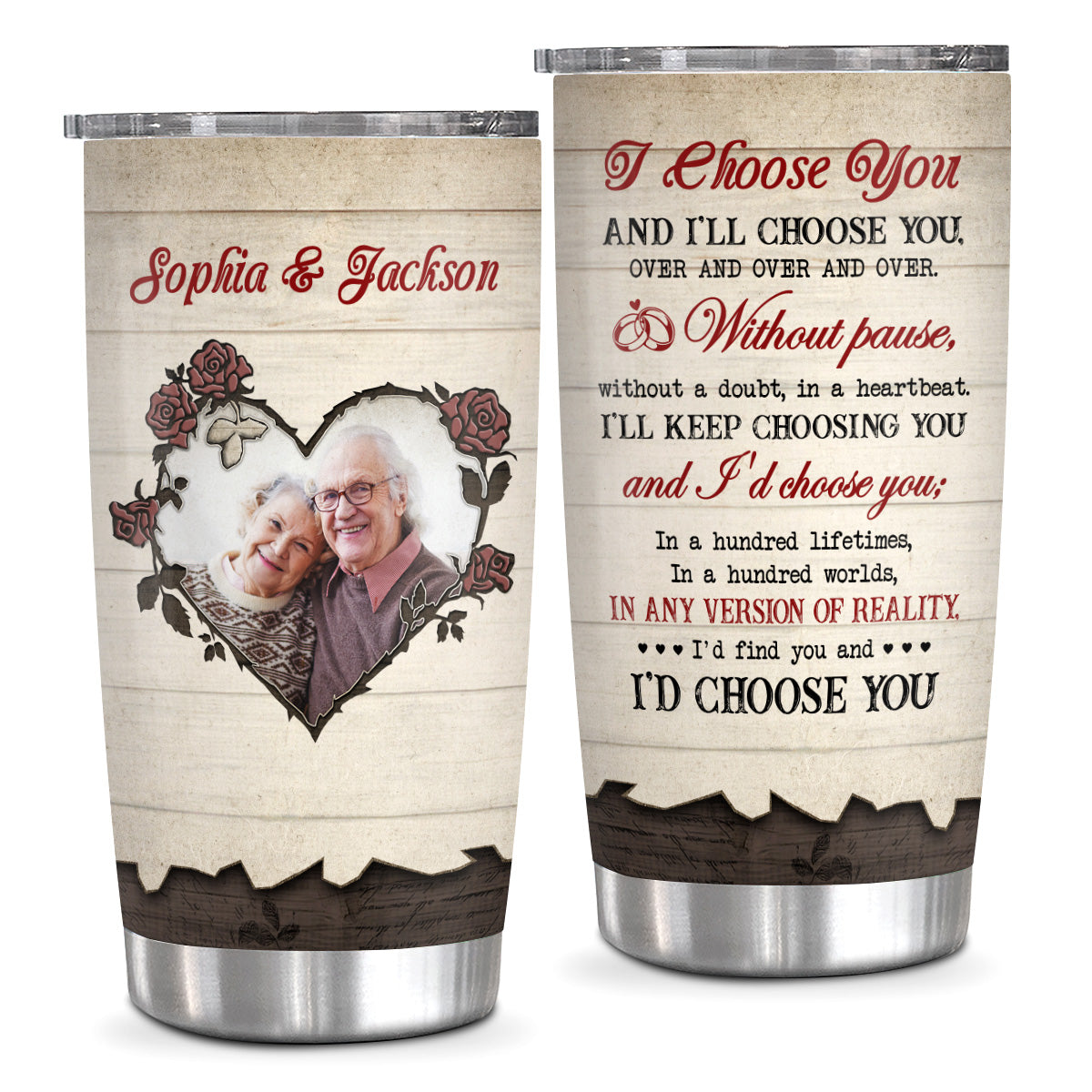 His And Hers Gifts, I'd Choose You Romantic Couple Flowers Heart Frame Wooden, Personalized Photo Tumbler, Gifts For Him Her From Darling, 20oz With Lid Travel Cup For Valentine
