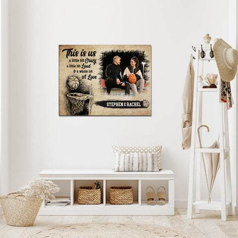 Personalized Name Couple Basketball Canvas Wall Art, A Little Bit Loud & A Whole Lot Of Love Quote Decor, Athletic Theme Print Canvas Wall Art, Gifts For Him Her Poster Prints Decor