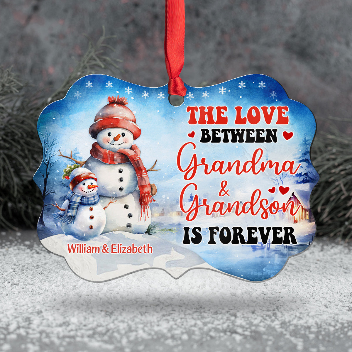 Grandma Gifts, Cute Xmas Winter The Love Between Grandma & Grandson Is Forever, Personalized Ornament, Gifts For Gigi From Grandkids, Xmas Tree Hanging Medallion Aluminum Ornament
