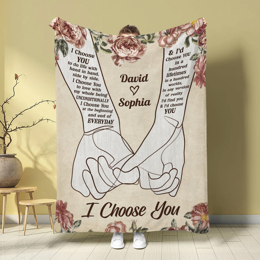 Couple Holding Hands Floral Vintage I'd Find You & I'd Choose You, Personalized Blanket, Gifts For Him Her From Honey, Custom Fleece Sherpa Blanket, Gifts For Valentine Anniversary