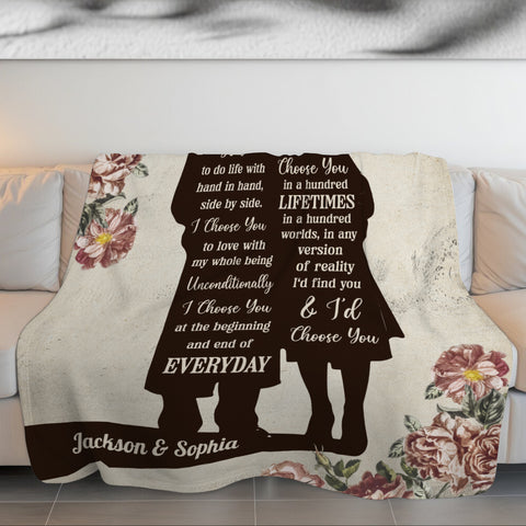 Old Couple Silhouette Vintage I'd Find You & I'd Choose You Floral Printed, Personalized Blanket, Gifts For Him Her