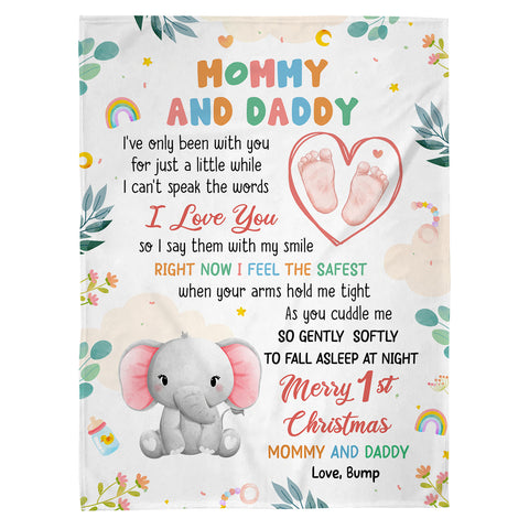 Merry 1st Christmas Mommy Daddy I've Only Been With You A While Footprint Baby Elephant, Personalized Blanket, Gifts For New Parents, Fleece Sherpa Blanket, New Parents Xmas Christmas