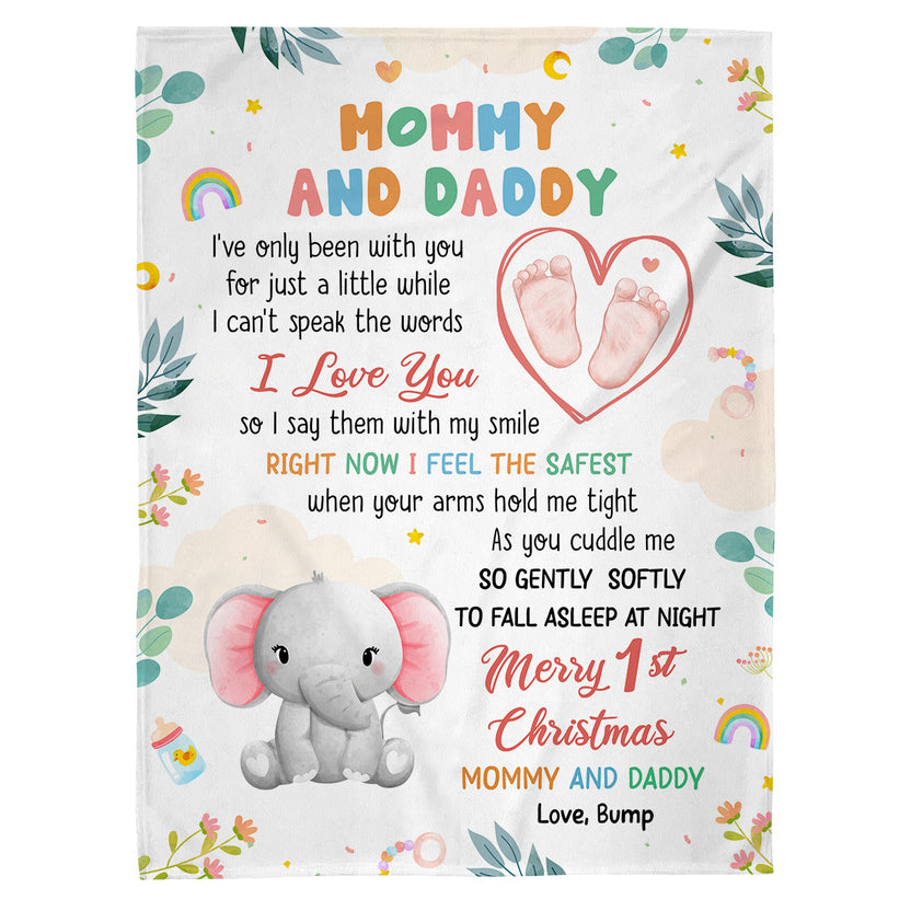 Merry 1st Christmas Mommy Daddy I've Only Been With You A While Footprint Baby Elephant, Personalized Blanket, Gifts For New Parents, Fleece Sherpa Blanket, New Parents Xmas Christmas