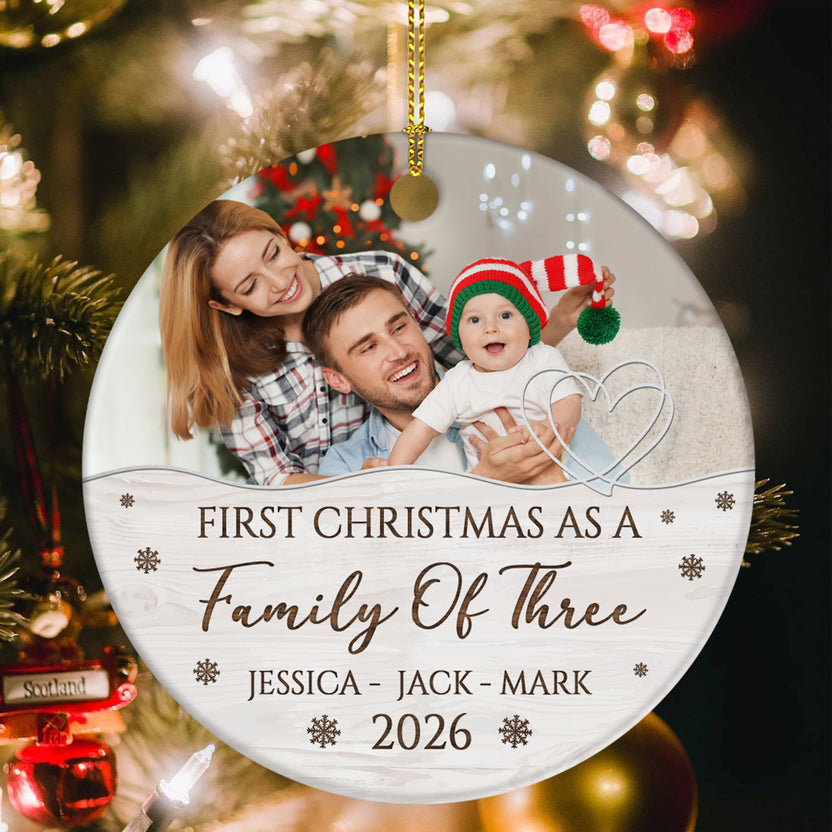 Family Gifts, First Christmas As A Family Of Three Ornament, Personalized Name Custom Holiday Keepsake, Tree Decoration, Custom Holiday Tree Hanging Ornament For New Baby Siblings
