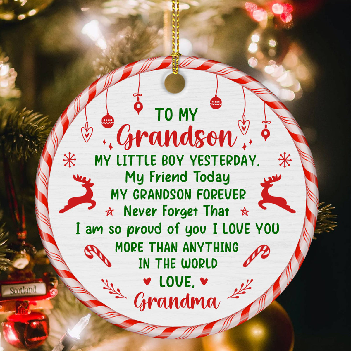 Grandsons Gifts, My Little Boy Yesterday Christmas Theme Candy Cane Circle Ceramic Ornament, Personalized Christmas Ornament, Gifts For Boys From Nana, Xmas Tree Decor