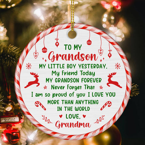 Grandsons Gifts, My Little Boy Yesterday Christmas Theme Candy Cane Circle Ceramic Ornament, Personalized Christmas Ornament, Gifts For Boys From Nana, Xmas Tree Decor