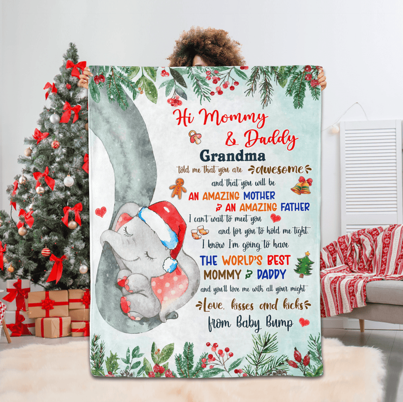 Personalized Blanket For Mommy Daddy From Baby Boy Girl New Parents Gifts I Can't Wait To Meet You Cute Sleeping Elephant Baby Bump Custom Name Fleece Sherpa Blanket Gifts For Christmas Xmas