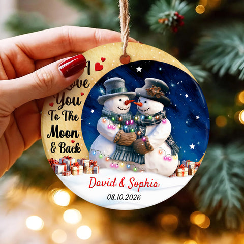 Custom Christmas Ornament, Snowy Winter Hugging, Love You To The Moon & Back Cute Couple Crescents Moon, Couple In Top Hats Snowy, Personalized Christmas Ornament For Wife Husband