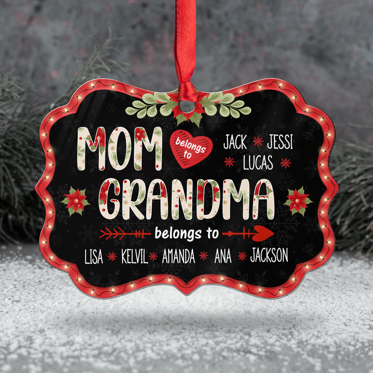 Mom Grandma Belongs To Ornament, Personalized Christmas Gift For Grandma, Custom Grandkids Names, Holiday Poinsettia Plaid Ornament