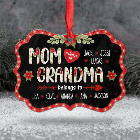 Mom Grandma Belongs To Ornament, Personalized Christmas Gift For Grandma, Custom Grandkids Names, Holiday Poinsettia Plaid Ornament