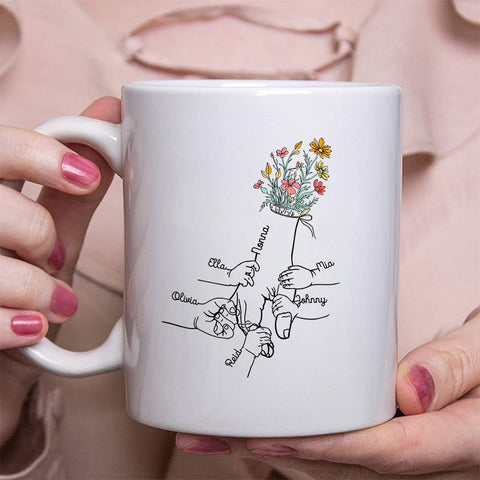 Grandma Gifts, Holding Mom's Hand Floral Mug Little Hands Kids Grandkids Holding Mom Nana Hand, Personalized Coffee Mug, Gifts For Nana From Grandson, 11 15oz, Gifts For Mother's Day