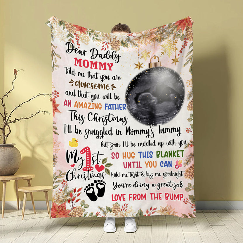 Dear Daddy Mommy Told Me You're Awesome Baby Ultrasound With Ball Hanging Tree, Christmas Pregnancy Announcement Keepsake, Father Holiday Blanket, Personalized Blanket With Photo