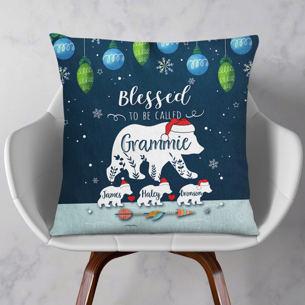 Grammie Pillow, Custom Kids Names Polar Bear Family Pillow, Blue Christmas Decor, Living Room Accent Case, Holiday Snowflake Decor, Christmas Holiday