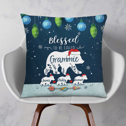 Grammie Pillow, Custom Kids Names Polar Bear Family Pillow, Blue Christmas Decor, Living Room Accent Case, Holiday Snowflake Decor, Christmas Holiday