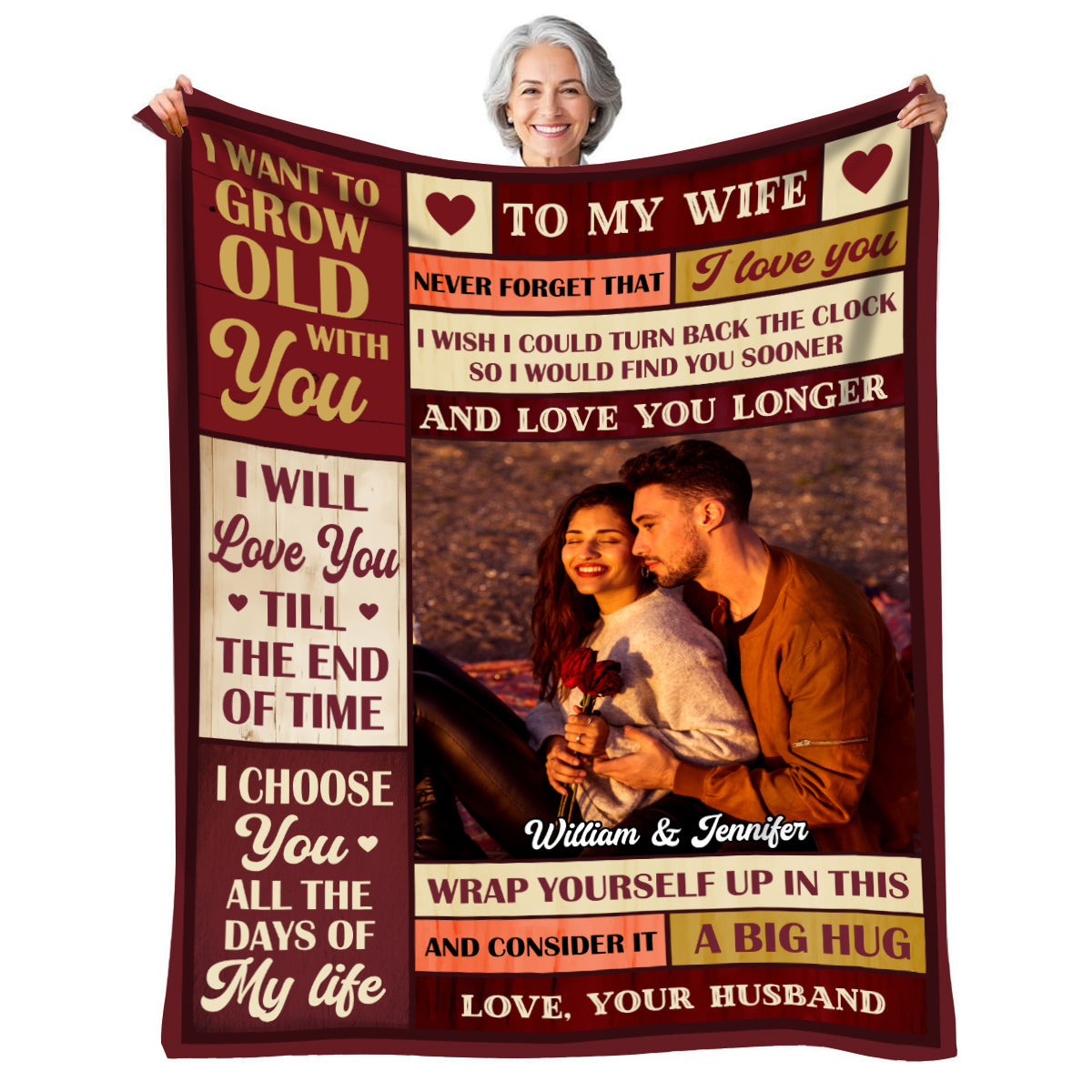 Romantic Wife Love Gifts, Vintage Burgundy Cozy Photo Blanket,To My Wife Blanket, I Want To Grow Old With You From Husband Anniversary