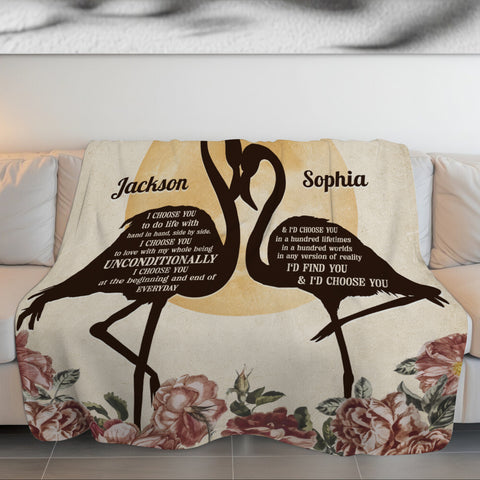 Flamingo Couple Floral Silhouette Vintage I'd Find You & I'd Choose You, Personalized Blanket, Gifts For Him Her Couple