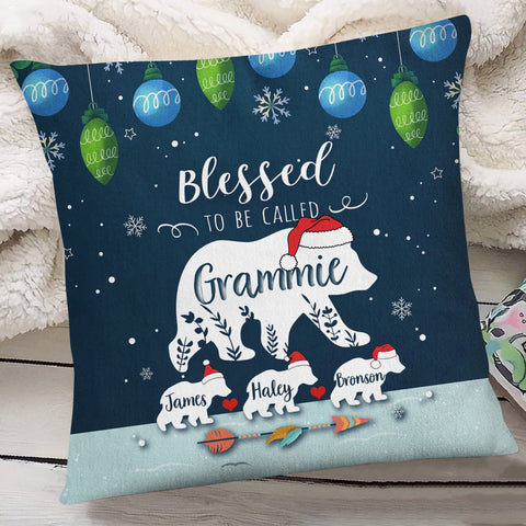 Grammie Pillow, Custom Kids Names Polar Bear Family Pillow, Blue Christmas Decor, Living Room Accent Case, Holiday Snowflake Decor, Christmas Holiday