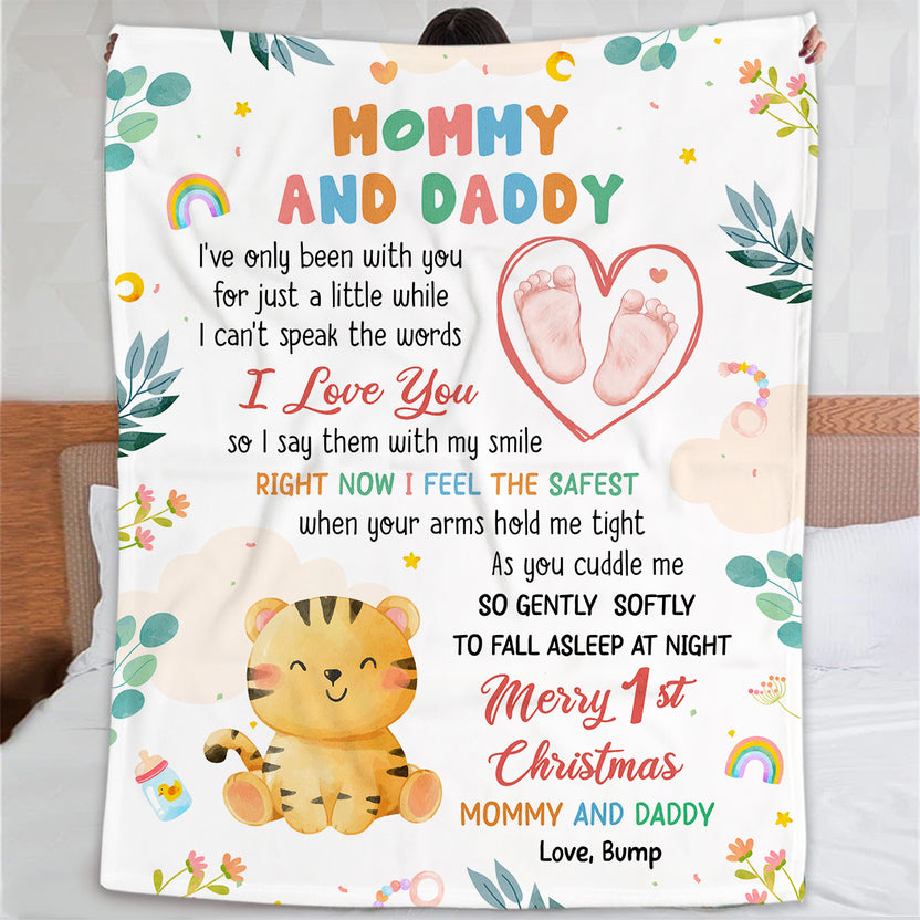 Merry 1st Christmas Mommy Daddy I've Only Been With You A While Footprint Baby Tiger, Personalized Blanket, Gifts For New Parents, Fleece Sherpa Blanket, New Parents, Gifts For Xmas