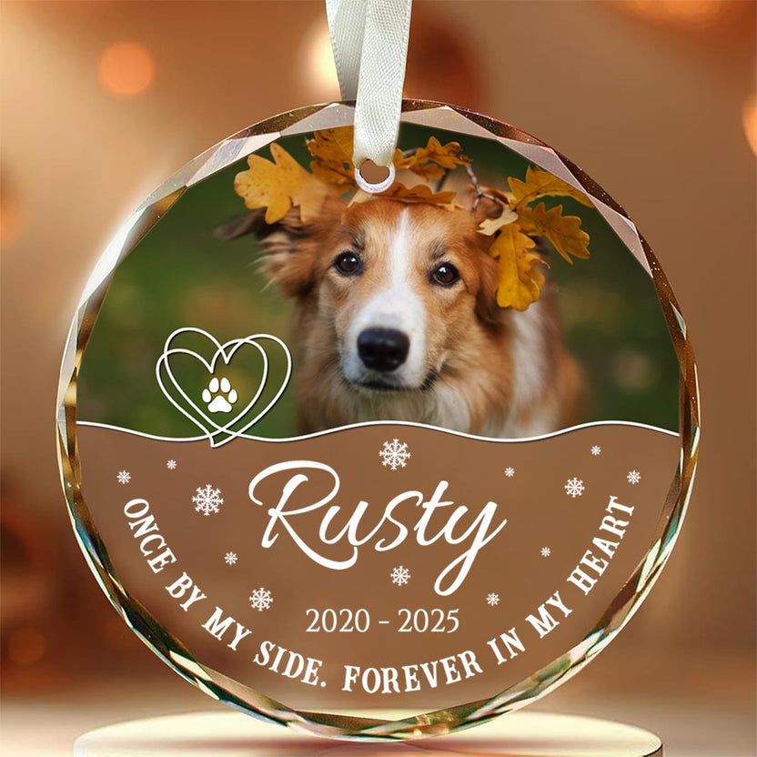 Once By Side Forever In Heart Glass Circle Ornament, Personalized Pet Memorial Ornament With Photo, Gifts For Loss Of Dog