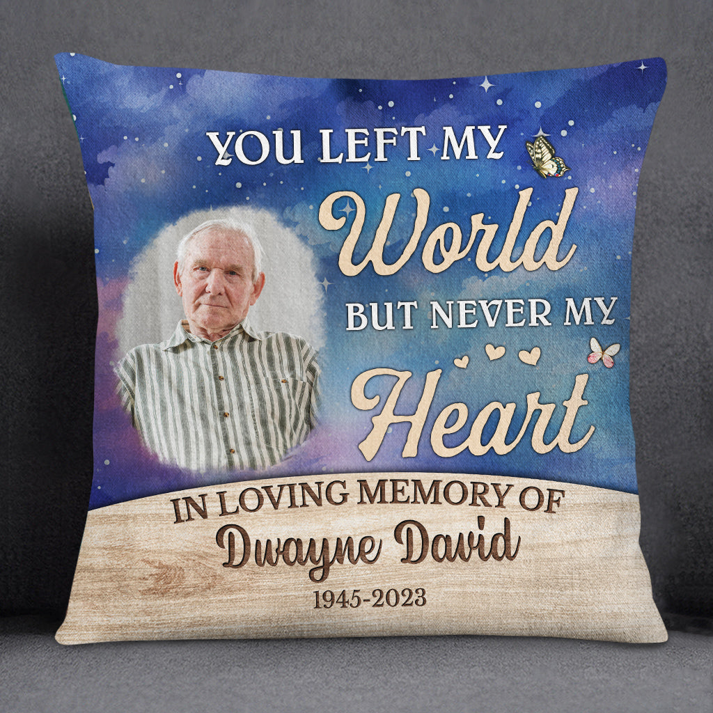 Sympathy Gifts, Memorial Square Pillow, You Left World But Never My Heart Watercolor Wooden Background, Gifts For Loss Of Mom