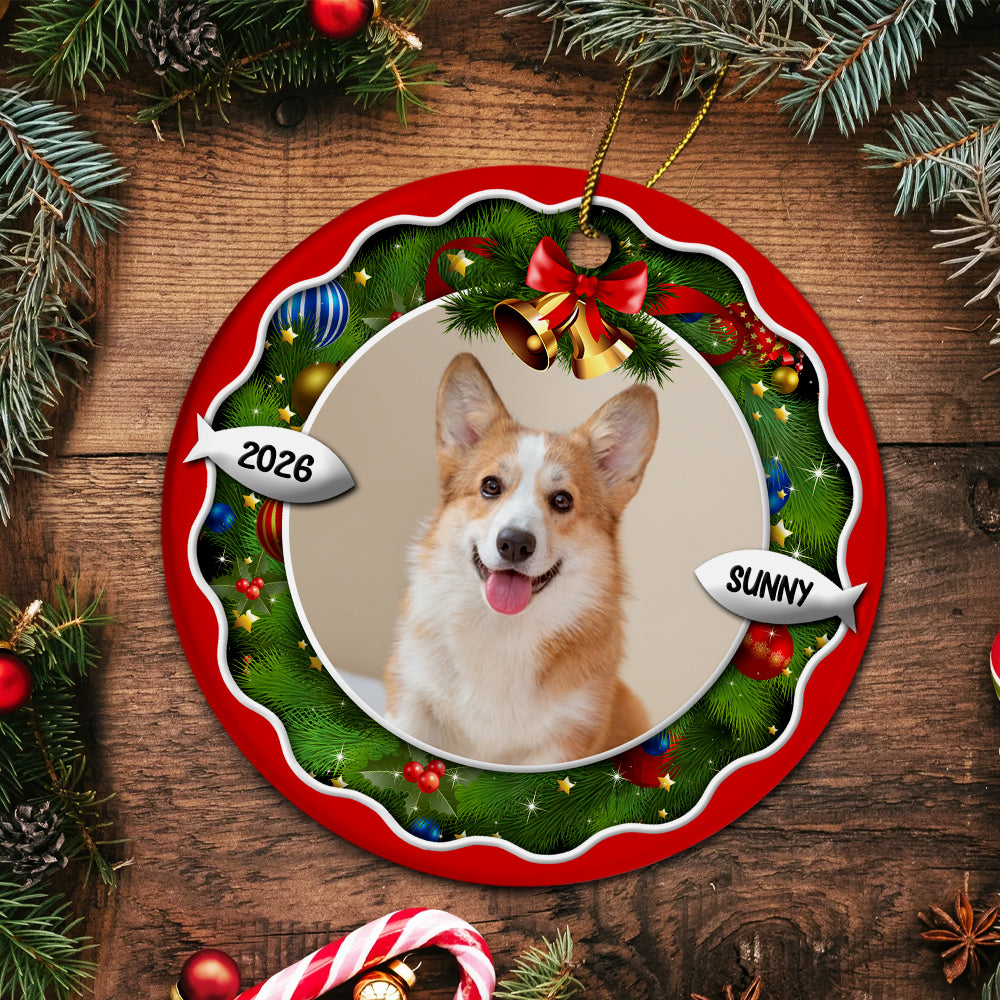 Dog Xmas Frame Custom Photo Dog Cute With Name & Year, Pet Milestone Keepsake, Custom Photo Holiday Tree Hanging Christmas Ornament, Tree Decor, Personalized Christmas Ornament