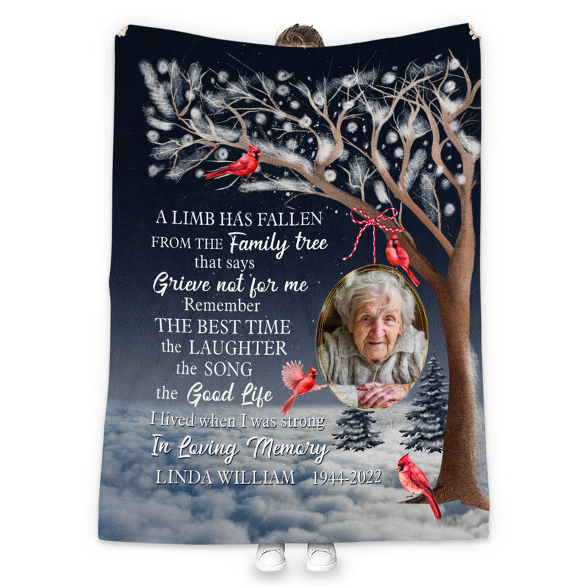 Memorial Gifts, Personalized Memorial Blanket With Photo, Winter Tree With Red Bird A Limb Has Fallen, Loss Of Grandma Grandpa Blanket, Fleece Sherpa, Sympathy Gifts For Anniversary