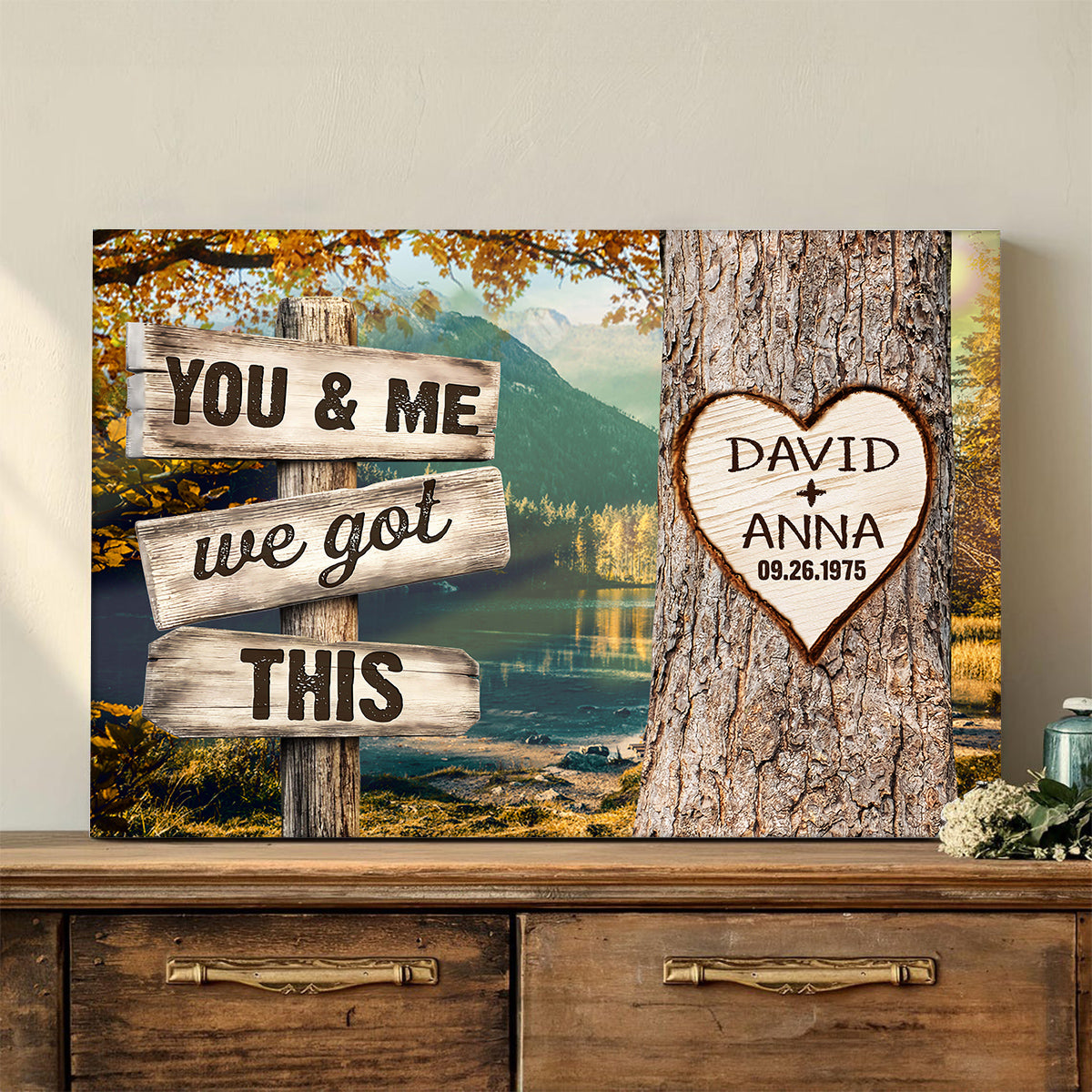 Personalized Couple Poster We Got Rustic Wood Sign Print Custom Name & Date Heart On Tree Autumn Forest Landscape, You & Me, Gifts For Him Her From Honey, Canvas Prints Wall Decor