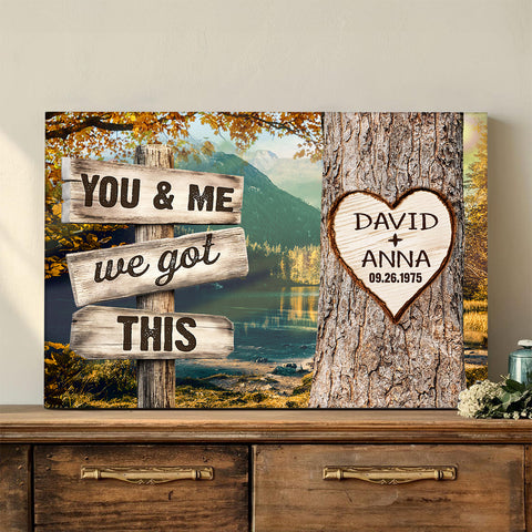 Personalized Couple Poster We Got Rustic Wood Sign Print Custom Name & Date Heart On Tree Autumn Forest Landscape, You & Me, Gifts For Him Her From Honey, Canvas Prints Wall Decor
