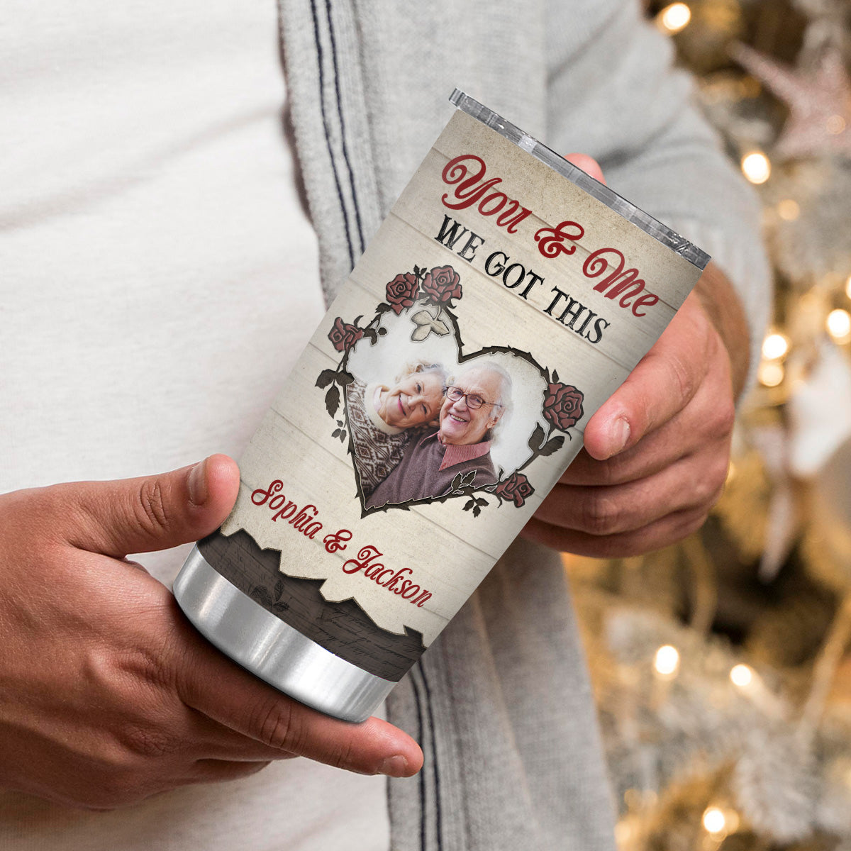 You Me Got This Old Couple Romantic Roses Heart Frame Wooden, Personalized Photo Tumbler, Gifts For Him Her From Honey, Insulated 20oz Travel Cup, Gifts For Valentine