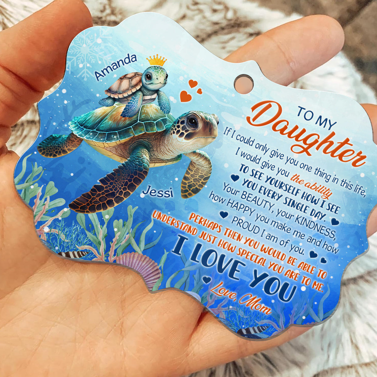 Daughter Gifts, Sea Turtle How Happy You Make Me Hand How Proud I Am Medallion Aluminum Ornament For Girls Babies From Mom Mother, Xmas Tree Decor, Gifts For Birthday Xmas Keepsake