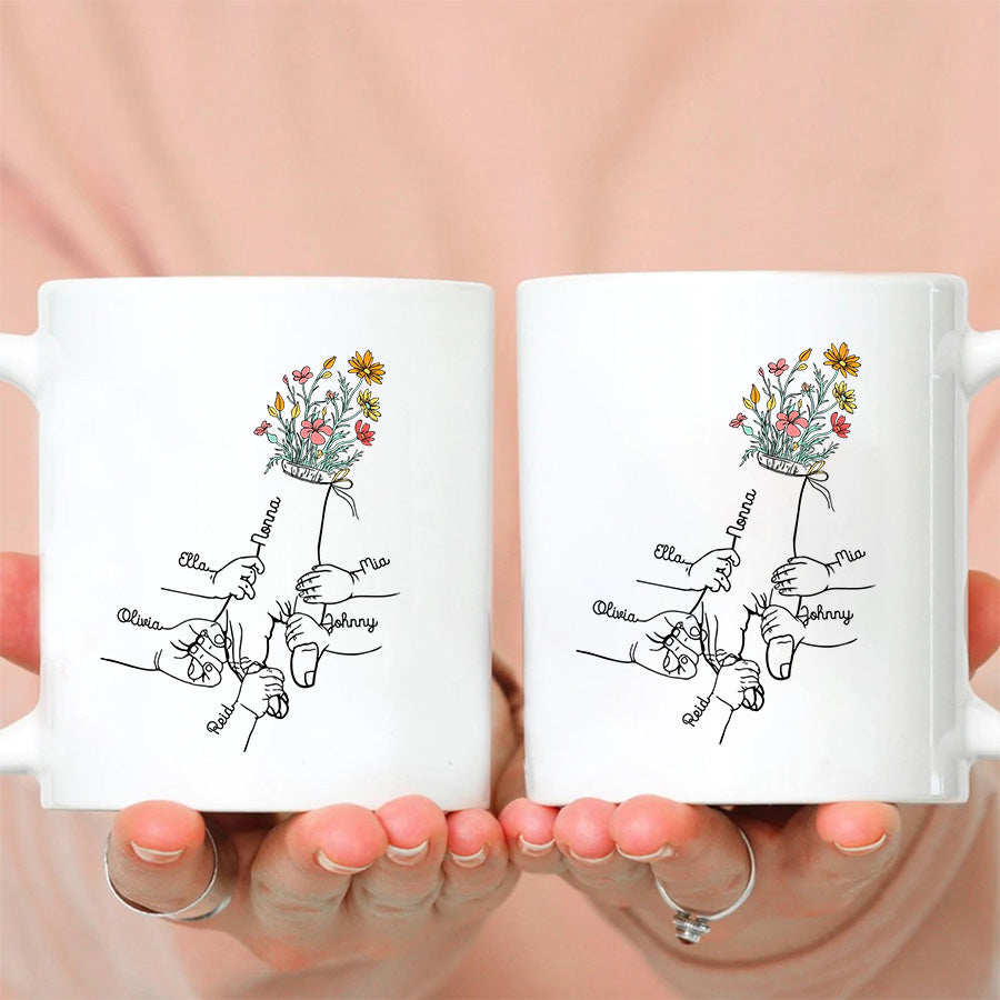 Grandma Gifts, Holding Mom's Hand Floral Mug Little Hands Kids Grandkids Holding Mom Nana Hand, Personalized Coffee Mug, Gifts For Nana From Grandson, 11 15oz, Gifts For Mother's Day
