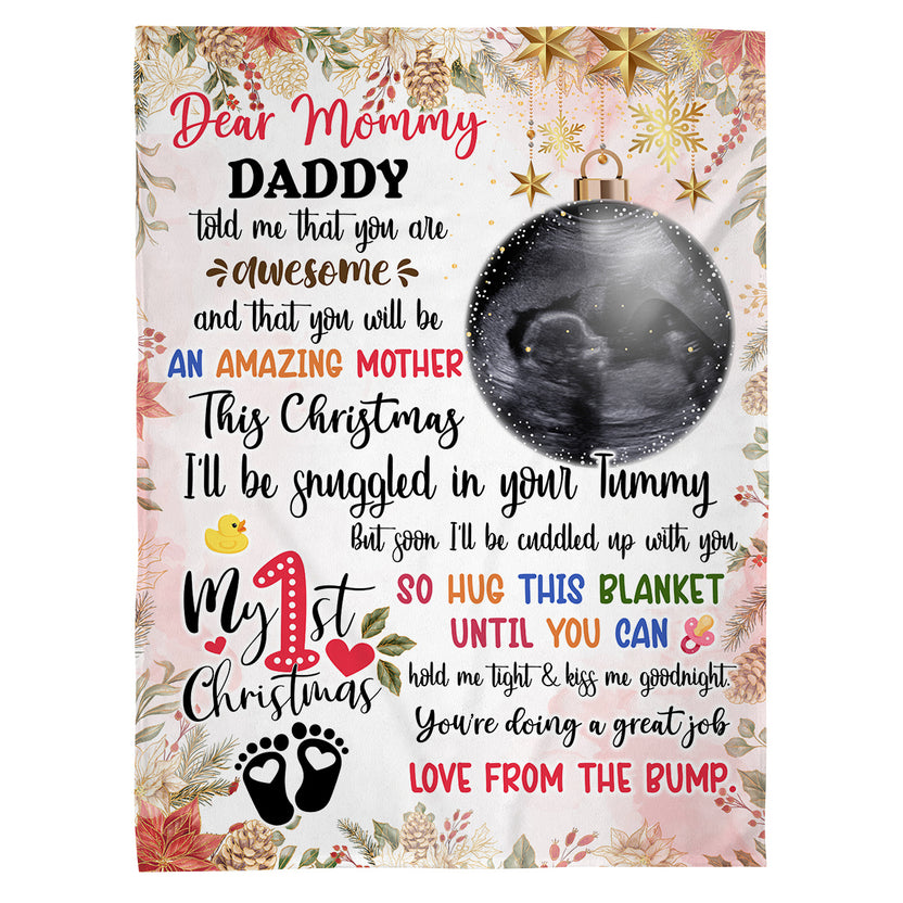 This Christmas I'll Be Snuggled In Your Tummy Baby Ultrasound With Ball Hanging Tree, Dear Mommy Pregnancy Christmas Blanket, Ultrasound Keepsake, Personalized Photo Blanket For Mom