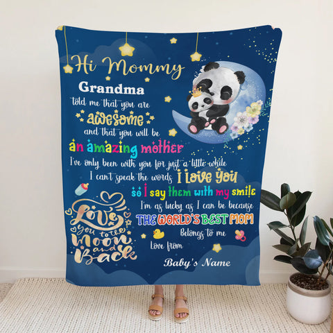 Mom To Be Gifts, Hi Mommy Grandma Told Me That Panda, 1st Mother's Day Blanket, Cute Baby Panda Blanket, Custom Newborn Swaddle, Infant Bedding Keepsake, Warm Flannel