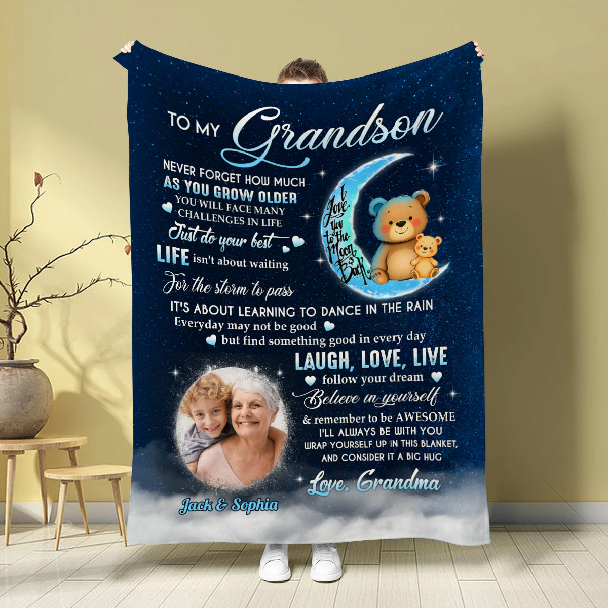 Grandsons Gifts, As You Grow Older You Will Face Many Challenges In Life Bear And Photo, Personalized Blanket, Gifts For Grandson From Grandma,Fleece Sherpa Blanket, Gifts For Christmas