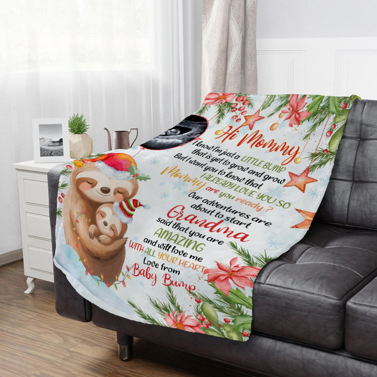 Personalized Sloth Pregnancy Announcement Fleece Sherpa Blanket, Ultrasound Baby Bump Gifts For New Mom New Dad, Meaningful Baby Reveal Keepsake, Expecting Parents Christmas Presents